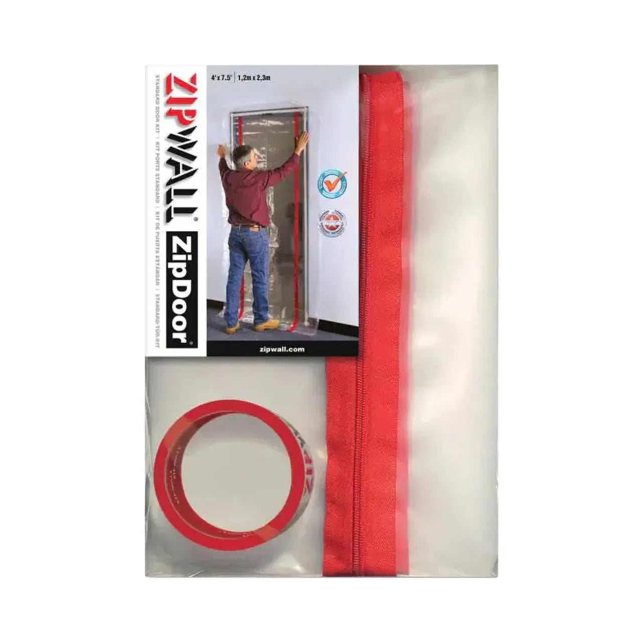 The Go Build 3 ft. x 7 ft. Plastic Sheeting Zipdoor Standard kit package shows a person installing clear sheeting with a red zipper on a doorway, along with red tape and the zipped plastic door ensuring an airtight seal.